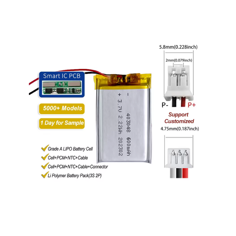 3.7V 403048 2.22Wh 600mAh OEM ODM Lipo Batteries Li Ion Rechargeable Li-po Battery for Headset