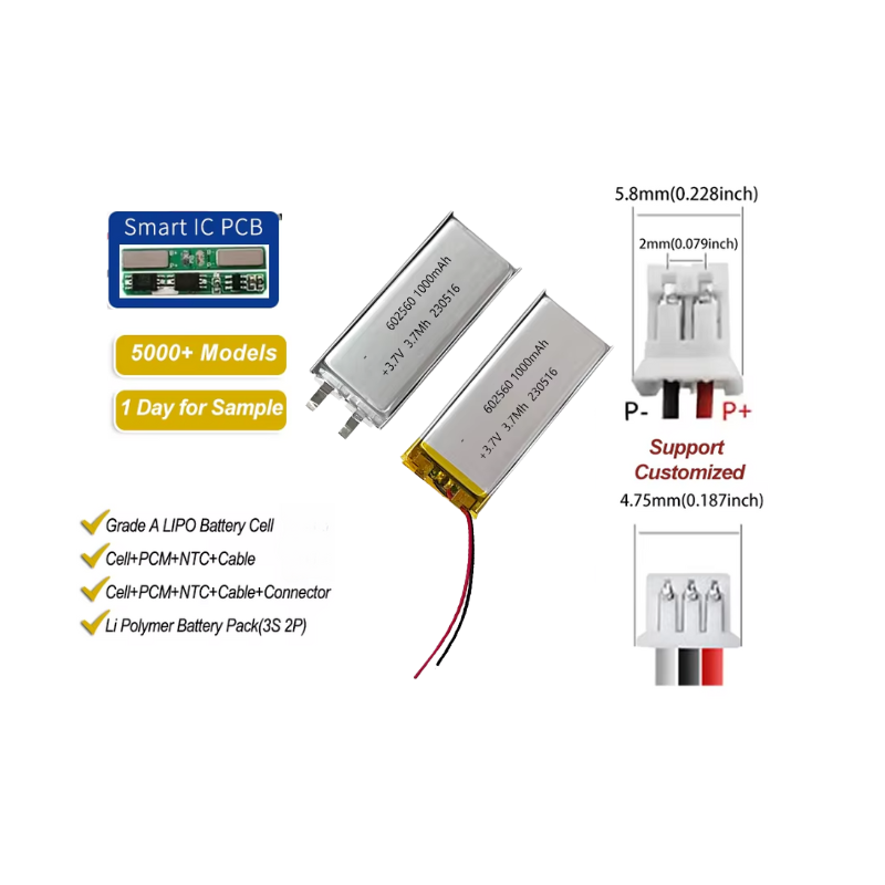 Customized 3.7v Lipo Battery 602525 602535 602540 602560 1.85wh 1000mah Li-polymer Battery