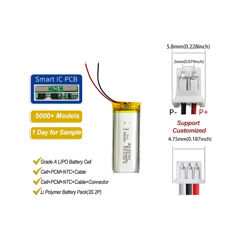 802050 2.96Wh 800Mah 3.7v LiPO Battery for Desk Lamp Cabinet Lamp