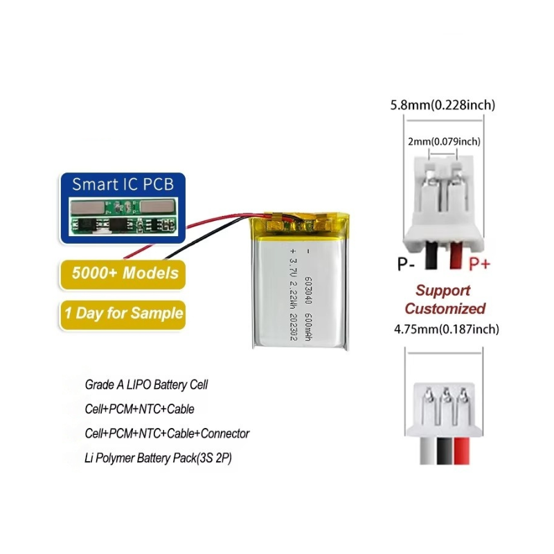 CM JST-PH-2P Connector 603040 2.22Wh 600Mah 3.7v Lithium Polymer Battery for Smart Watch