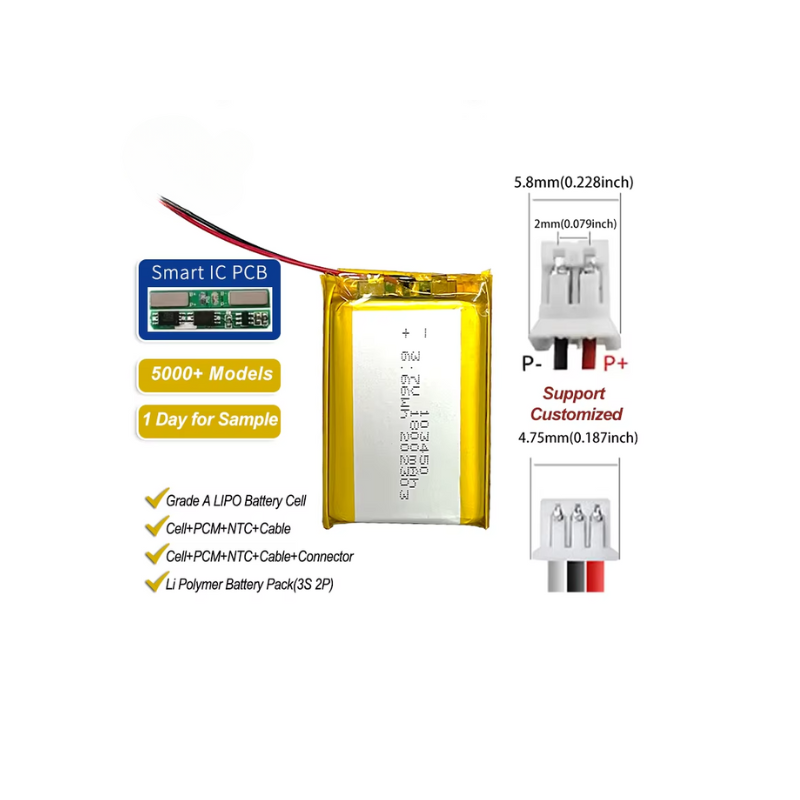 103450 6.66Wh 1800mAh 3.7v OEM ODM Lipo Batteries Li Ion Rechargeable Li-po Battery for Medical Device