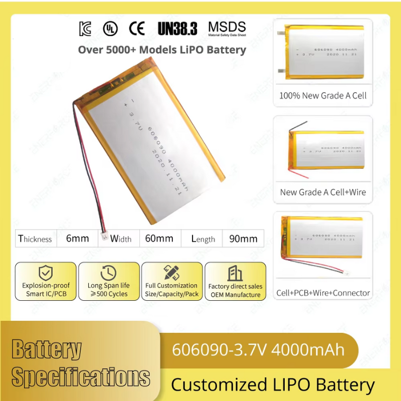 14.8Wh 4000mah 3.7 LIPO Pouch Lithium Polymer Battery 606090 for Car Recorder