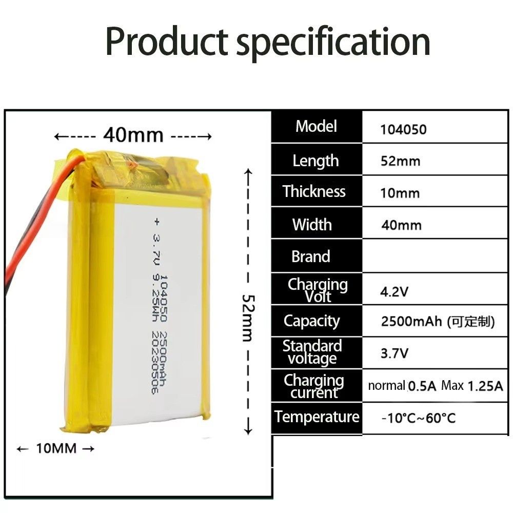 Good Quality Rechargeable 9.25wh Energy Lithium Ion Polymer Battery 104050 3.7v 2500mAh Li-pol Cells Digital Device Battery